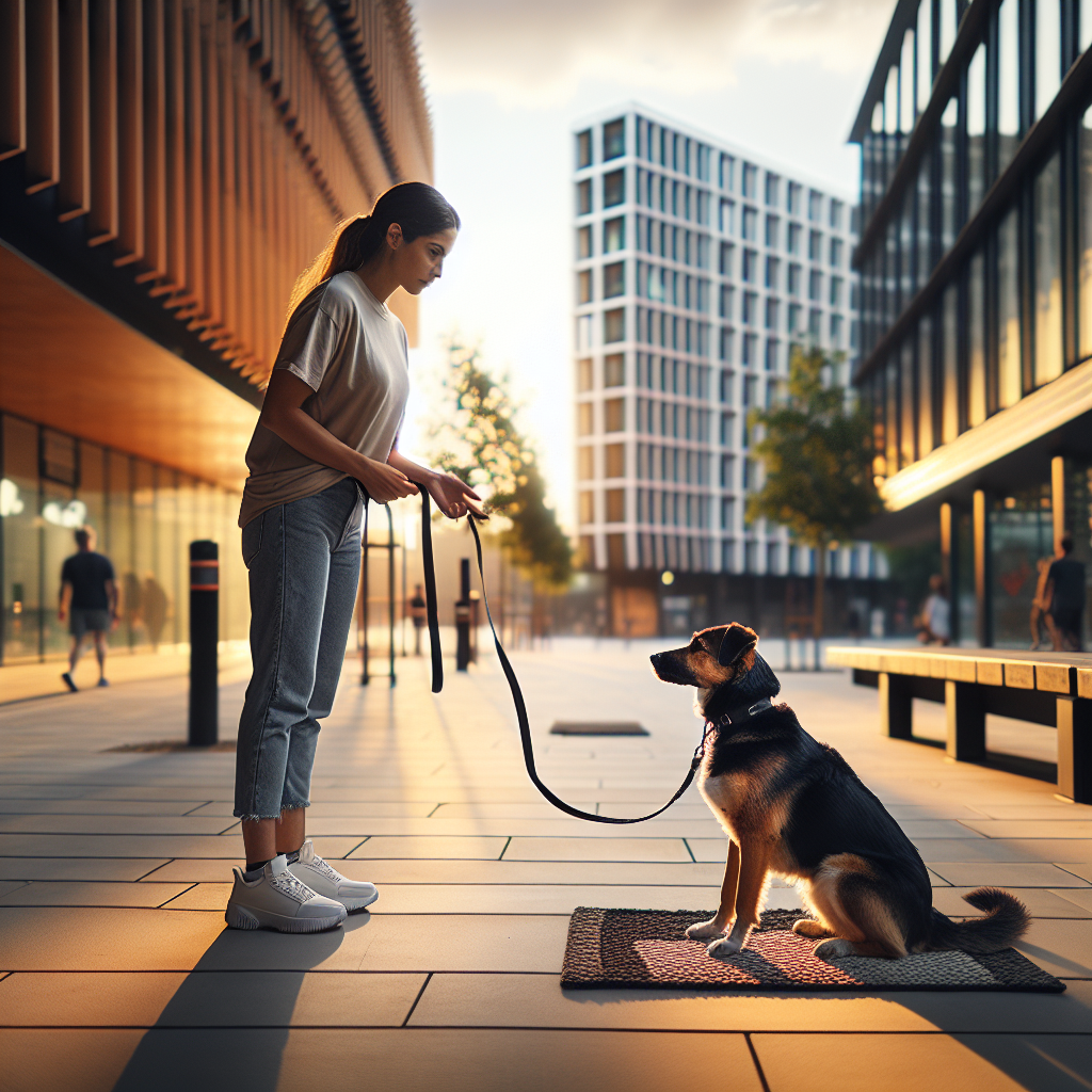 Trainer guiding a reactive dog into a calm sit on a Place mat with a loose lead on a UK street at sunset