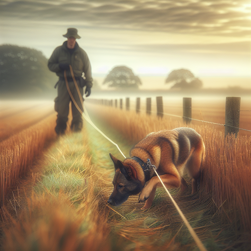 Working dog tracking with nose down on a long line in a UK field with a calm focused pace