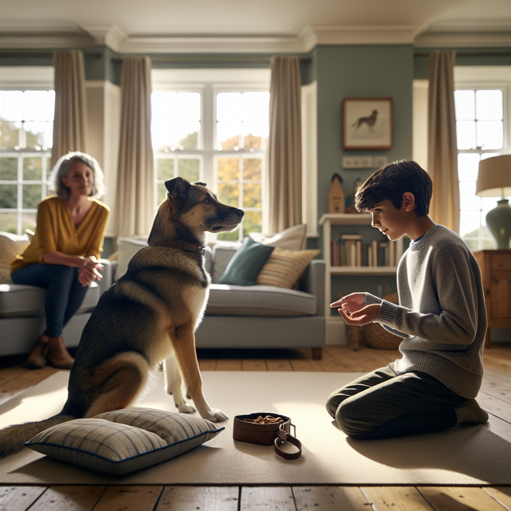 Child giving a sit cue to a calm family dog with a parent supervising in a UK living room