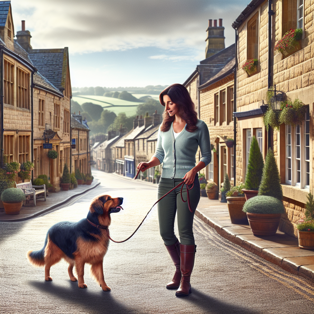 UK trainer practising loose lead walking and recall with a mixed breed dog in a historic market town street