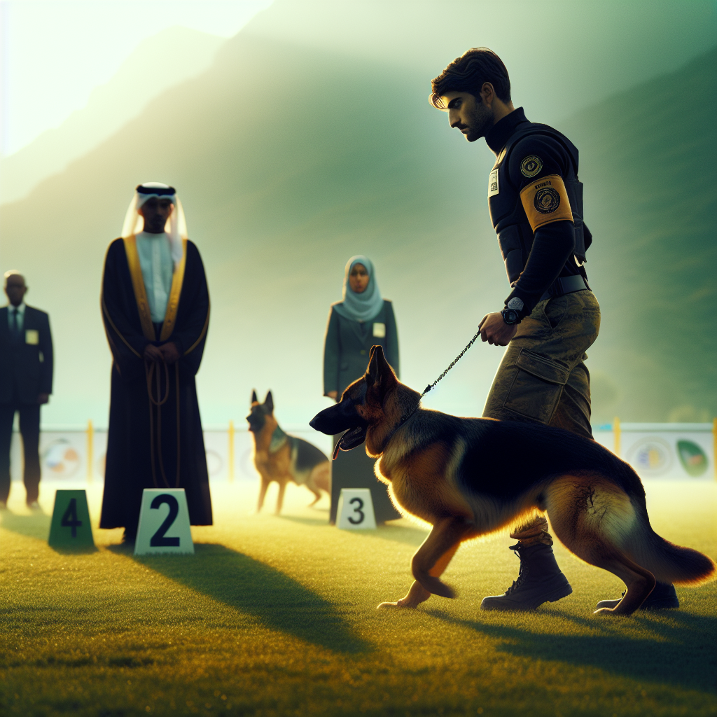 IGP handler and German Shepherd poised at the start line on a UK field with judge in the background