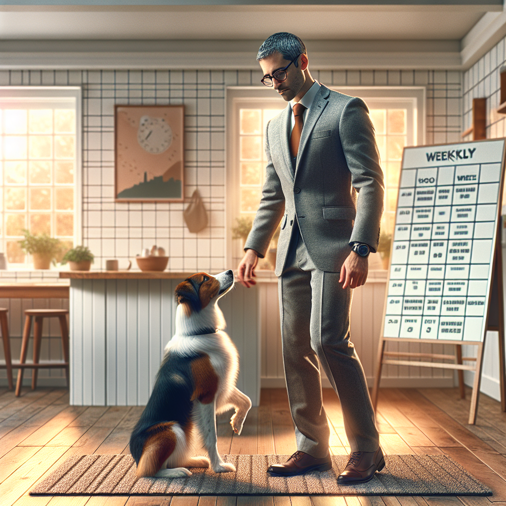 Smart trainer guiding a mixed breed dog onto a Place mat beside a weekly training schedule on a whiteboard