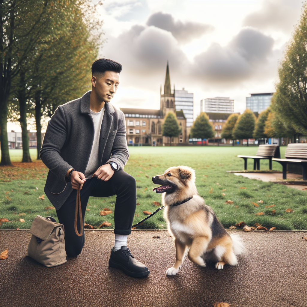 Trainer practising heel and recall with a mixed-breed dog in a Coventry park