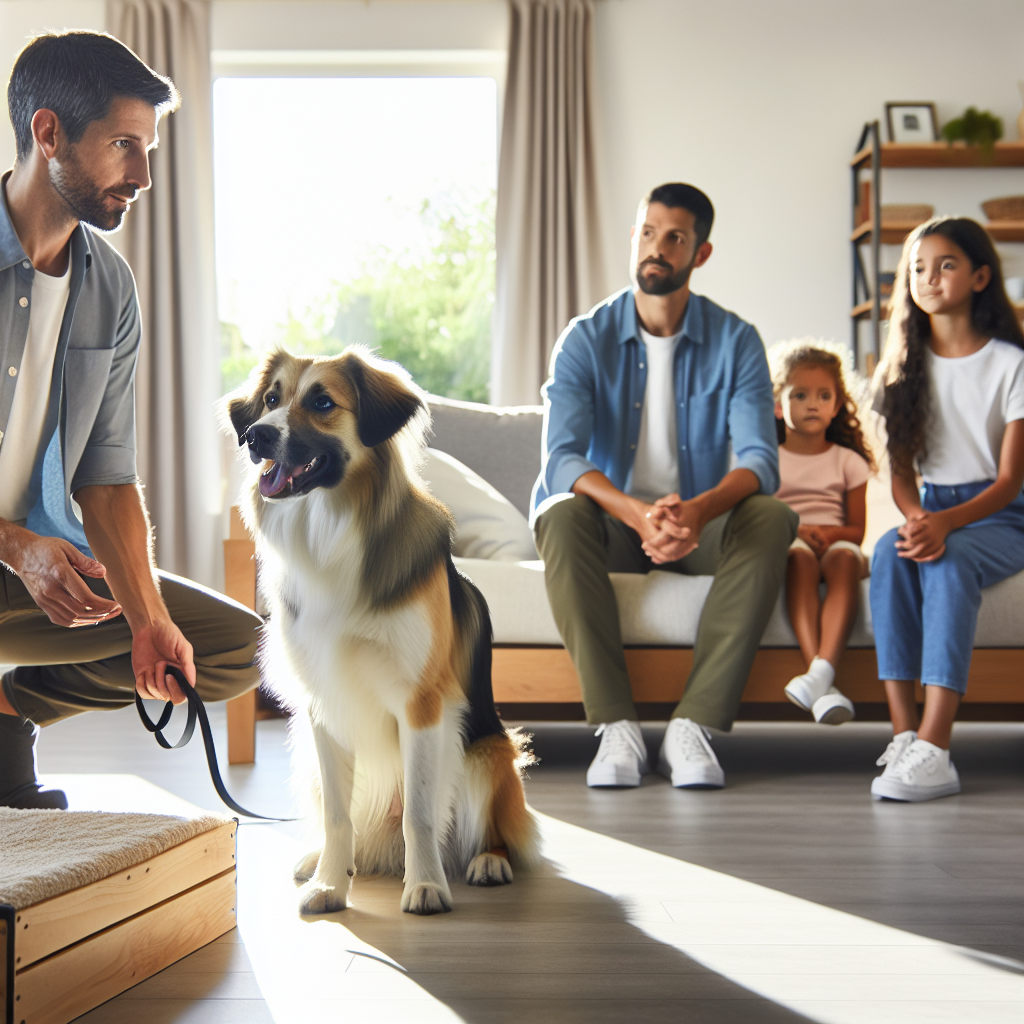 Smart trainer teaching place to a family dog in a UK living room to build calm structure without micromanagement