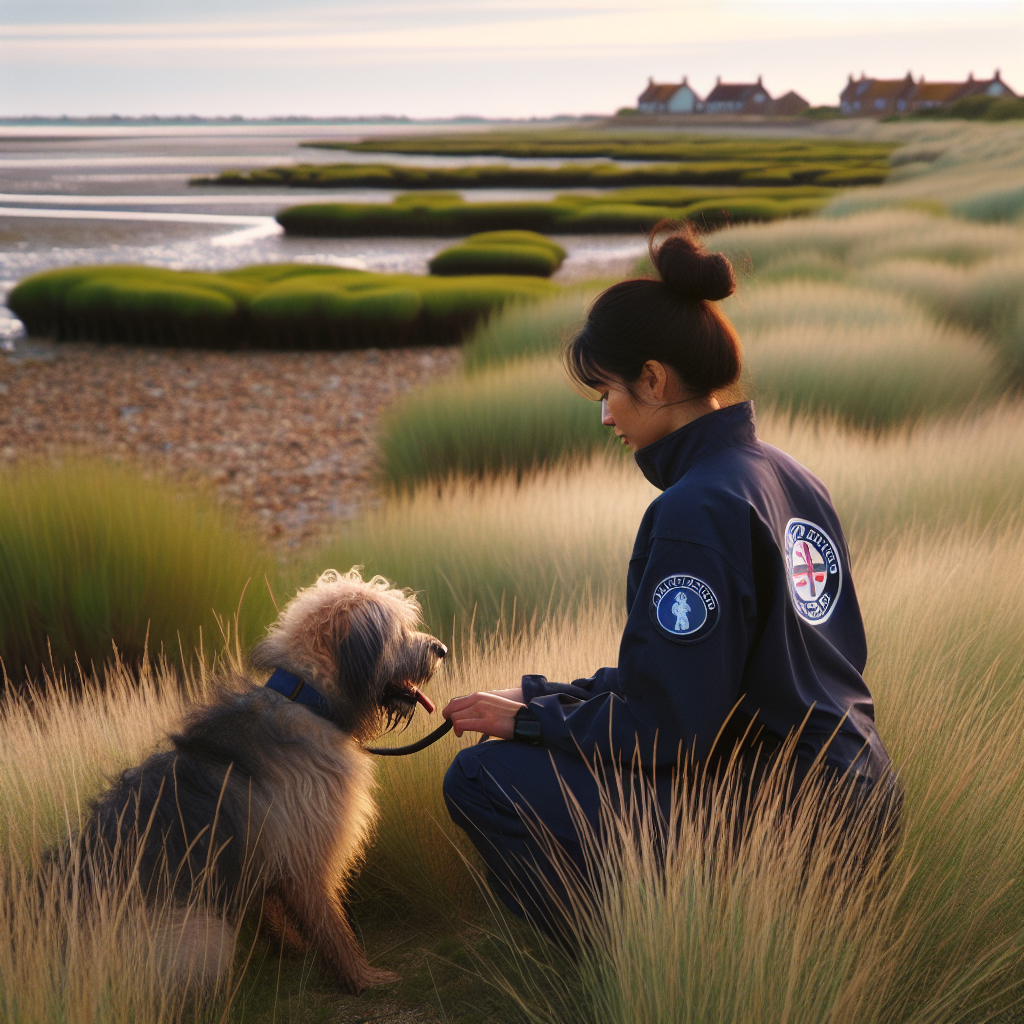 Trainer practising recall with a mixed breed dog on coastal marshland near Lydd