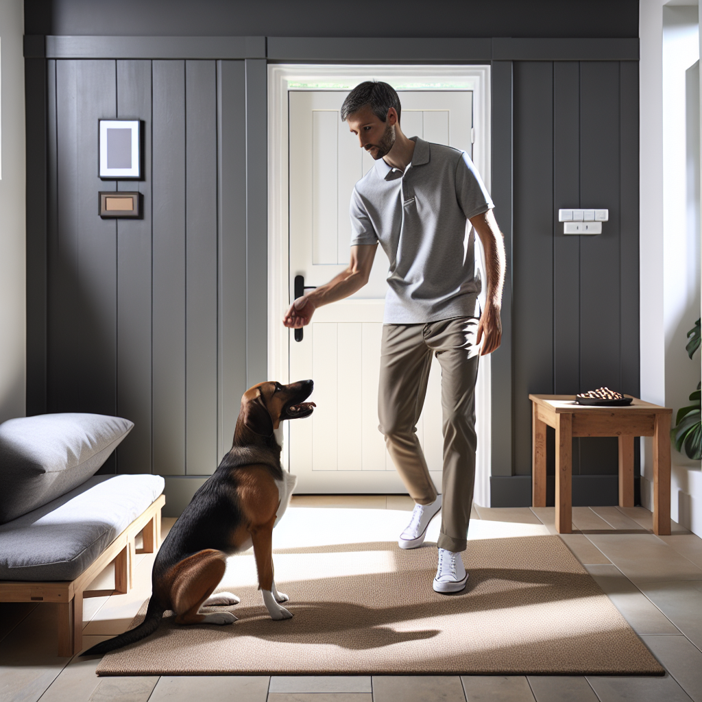Trainer practising an out of sight stay with a dog on a raised bed near a doorway in a UK home