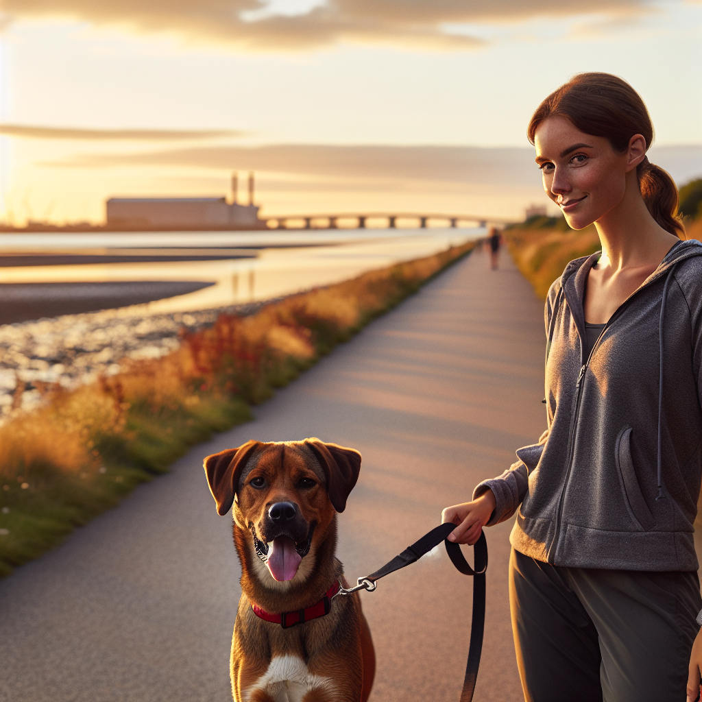 Trainer walking a mixed-breed dog on a loose lead along a riverside path in Widnes at sunset
