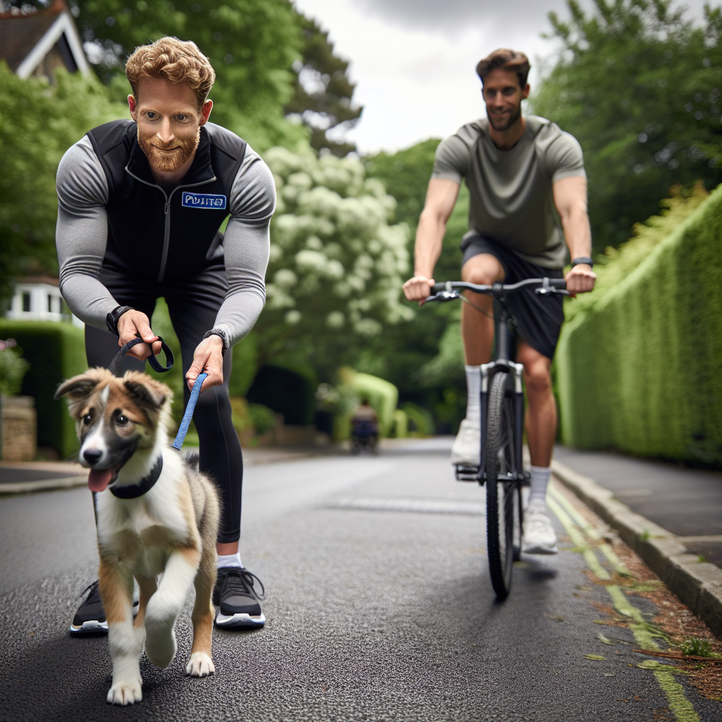 Trainer guiding a puppy on loose lead near a cyclist in a quiet UK street