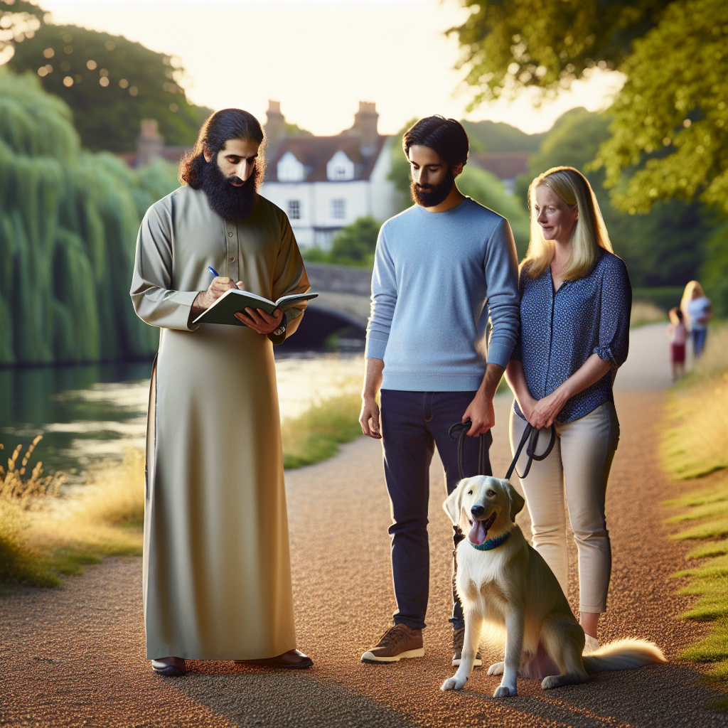 Smart trainer teaches a family dog on a quiet riverside path in West Molesey