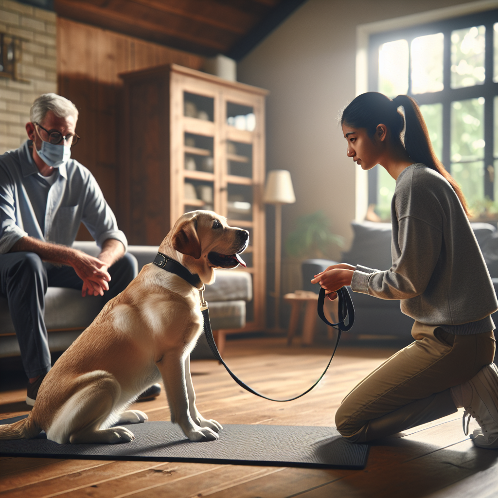UK trainer helps a Labrador default to calm on a mat in a bright living room