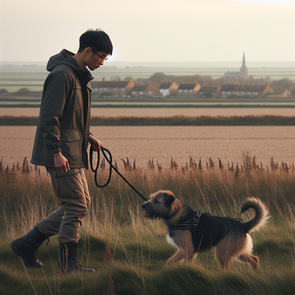Trainer practising loose lead walking and recall with a mixed breed dog in a Fenland setting near March