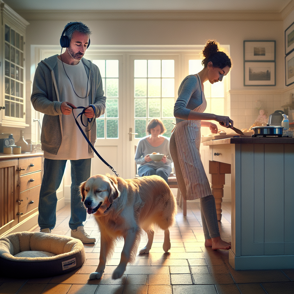 Trainer guiding a dog to place during a calm morning routine in a UK home