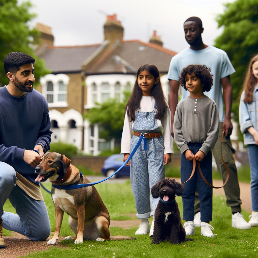 Smart trainer working on heel and recall with a family dog in a Mitcham green space