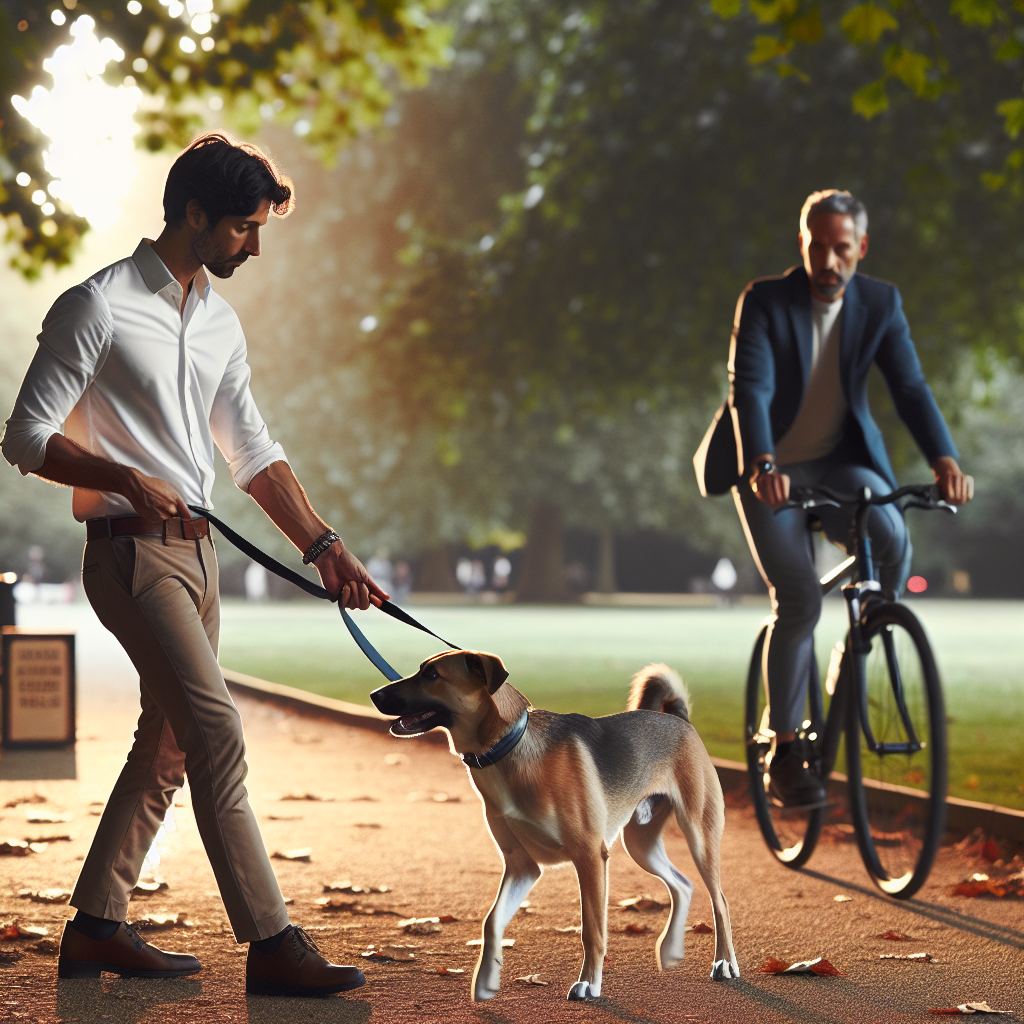 Trainer guiding a focused dog past a cyclist in a UK park during motion distraction practice