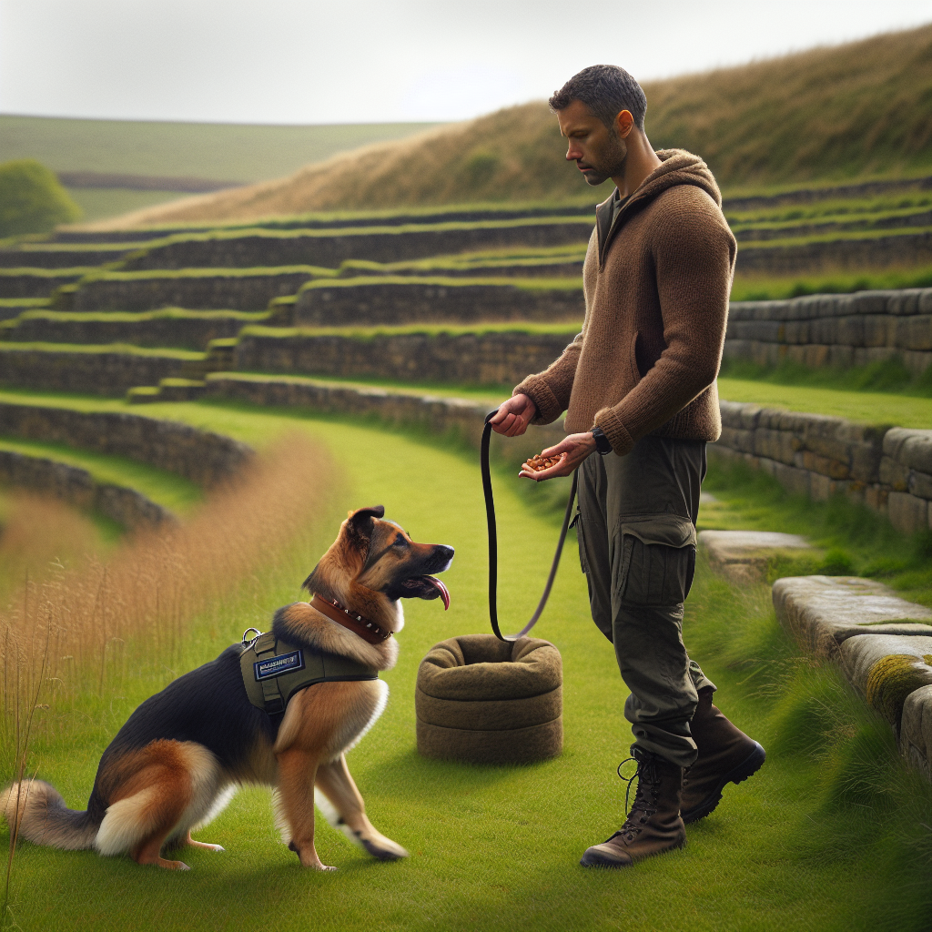 UK dog trainer practising lead walking and recall with a mixed-breed dog in a hilly Consett green space