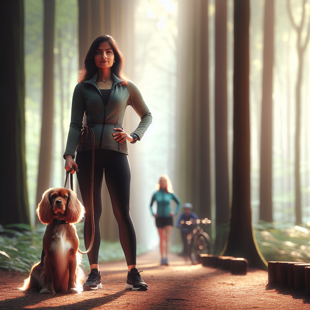 Spaniel calmly following on a loose lead beside owner on a UK woodland trail
