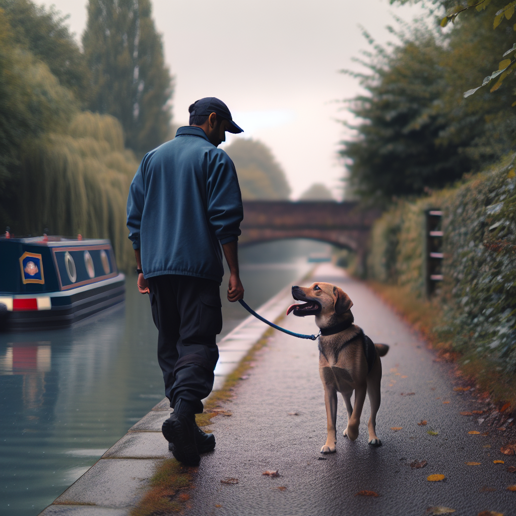 Trainer practising loose lead walking with a dog on a leafy canal towpath in a Hertfordshire town