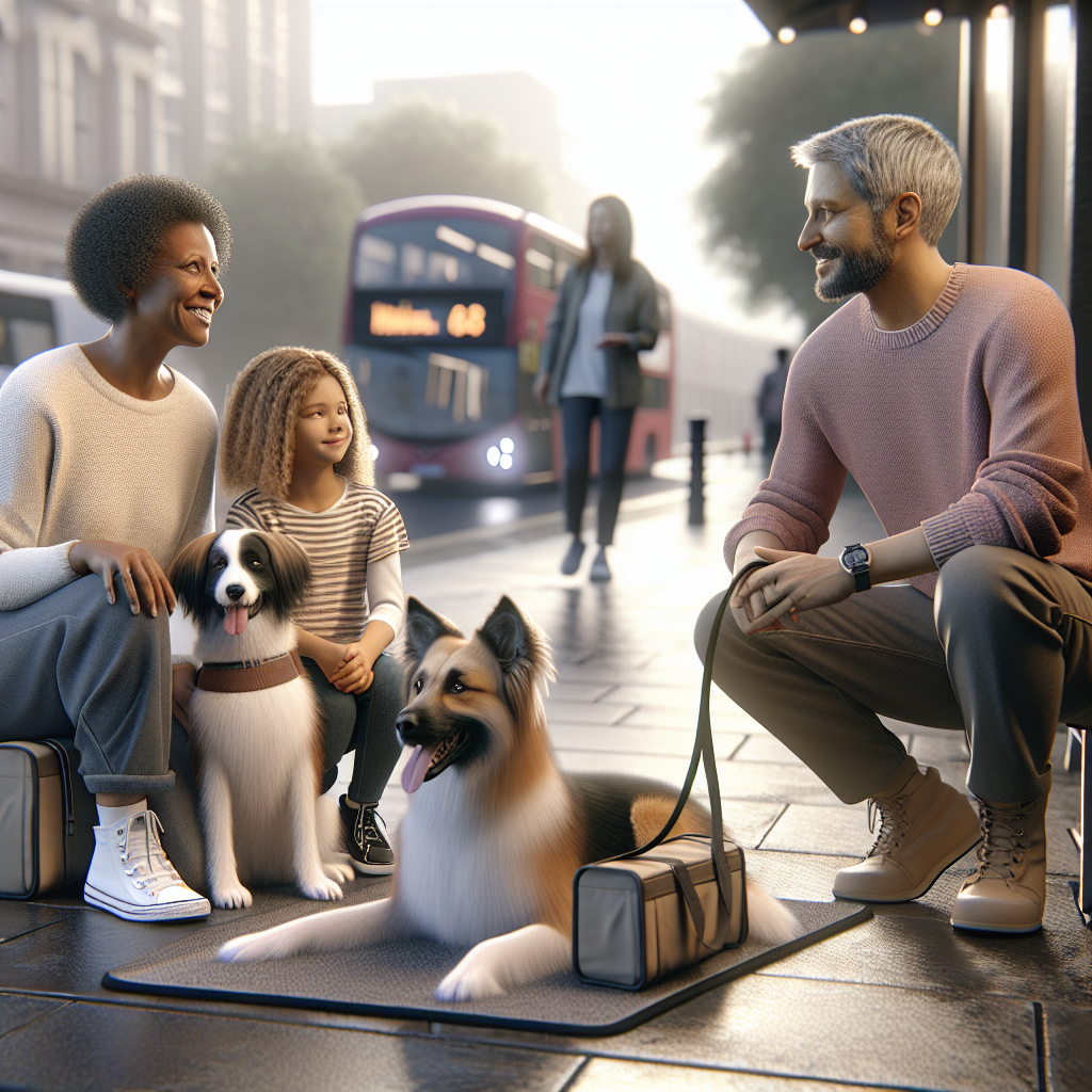 Trainer guiding a dog to settle on a mat outside a UK cafe with people and buses in the background
