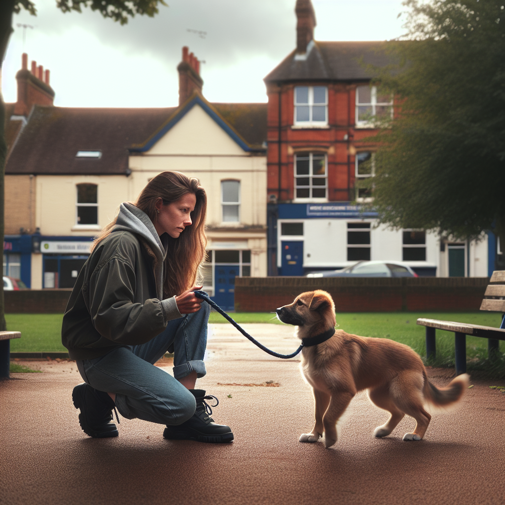Smart trainer practising loose lead walking with a mixed breed dog in a Swindon park