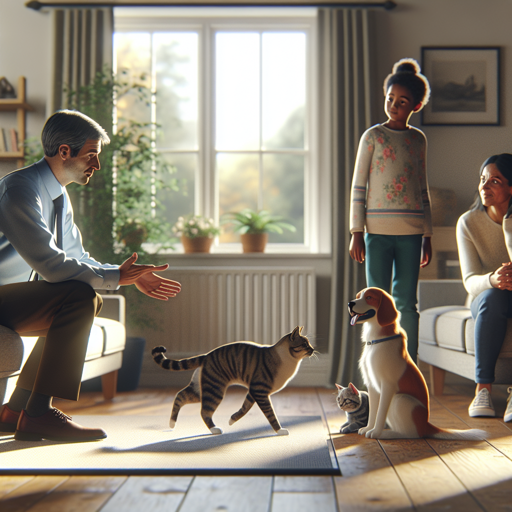Trainer guiding a dog to settle on a mat while a cat passes in a calm UK family living room