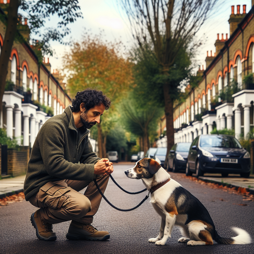 Trainer practising loose lead walking with a calm dog on a leafy Islington street