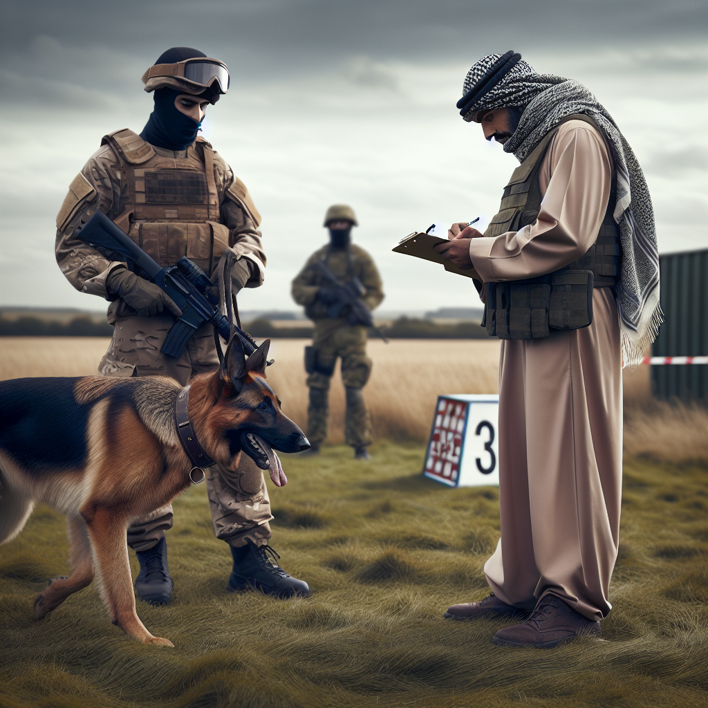 IGP handler heeling with a German Shepherd before a judge and helper on a UK trial field