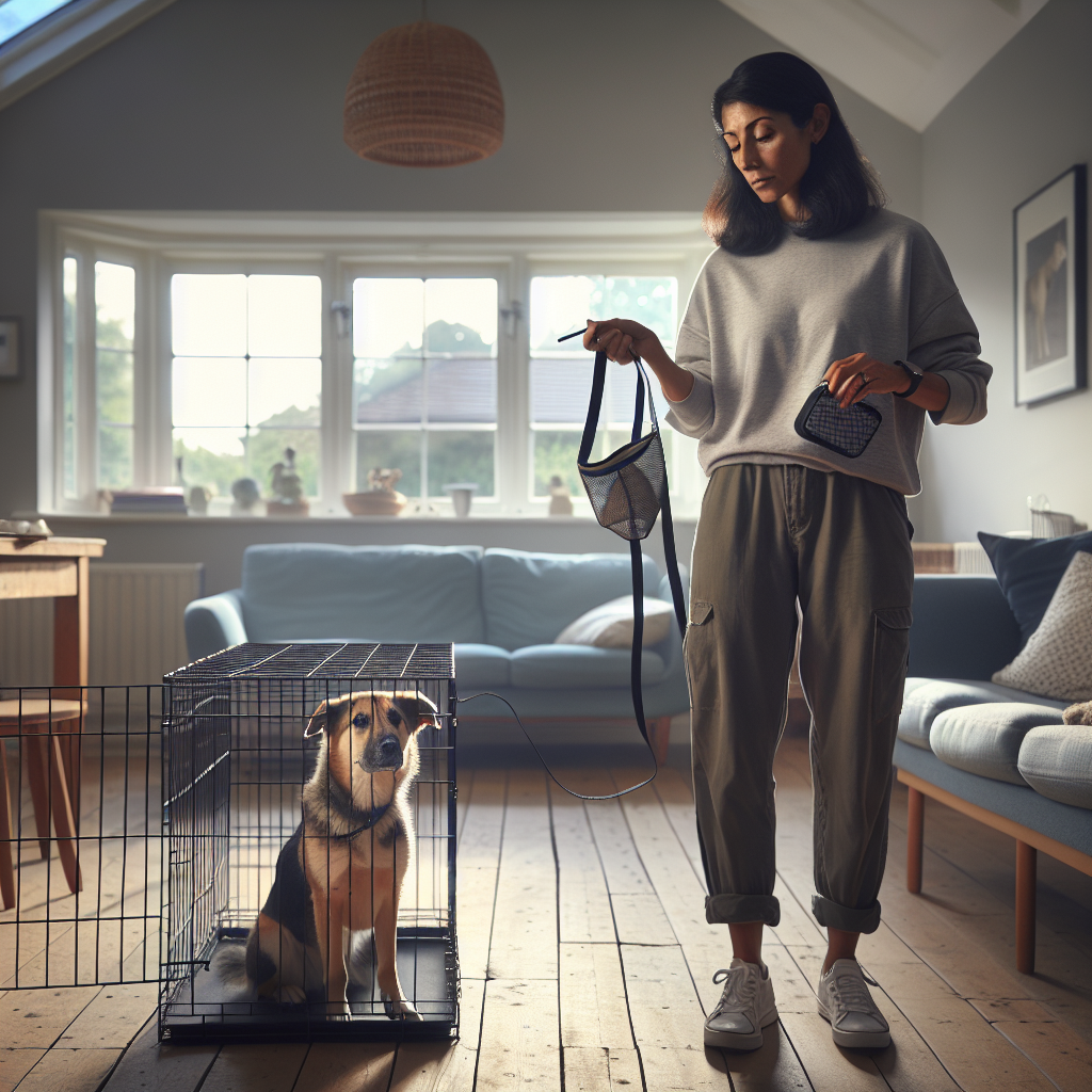 Dog calmly waiting inside an open crate while a UK trainer holds a loose leash in a bright family room
