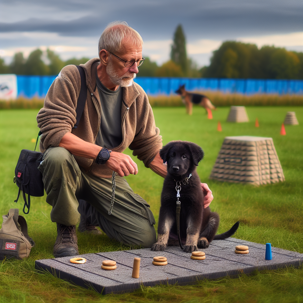 Trainer building engagement and early heeling with a working-line IGP puppy on a UK field