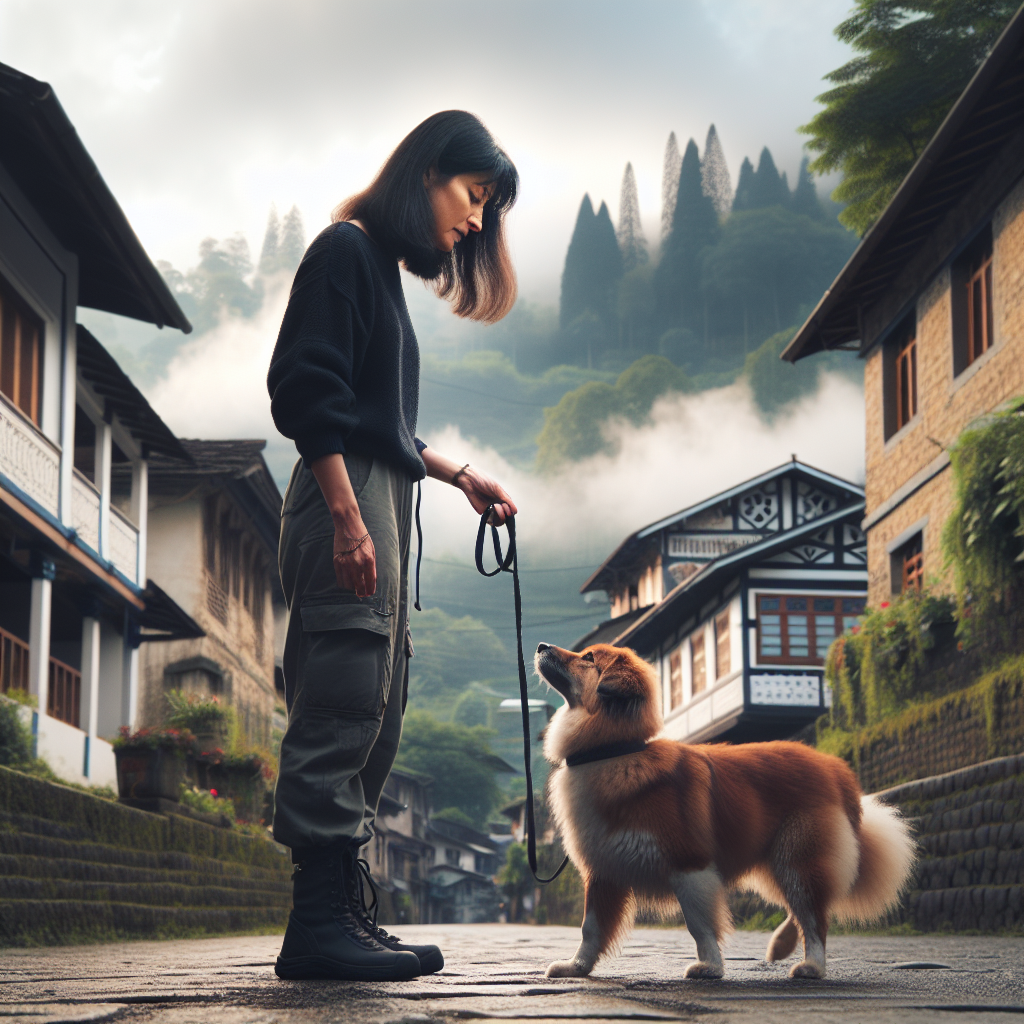 Trainer guiding a dog on a loose lead along a quiet stone street in a northern UK hillside town