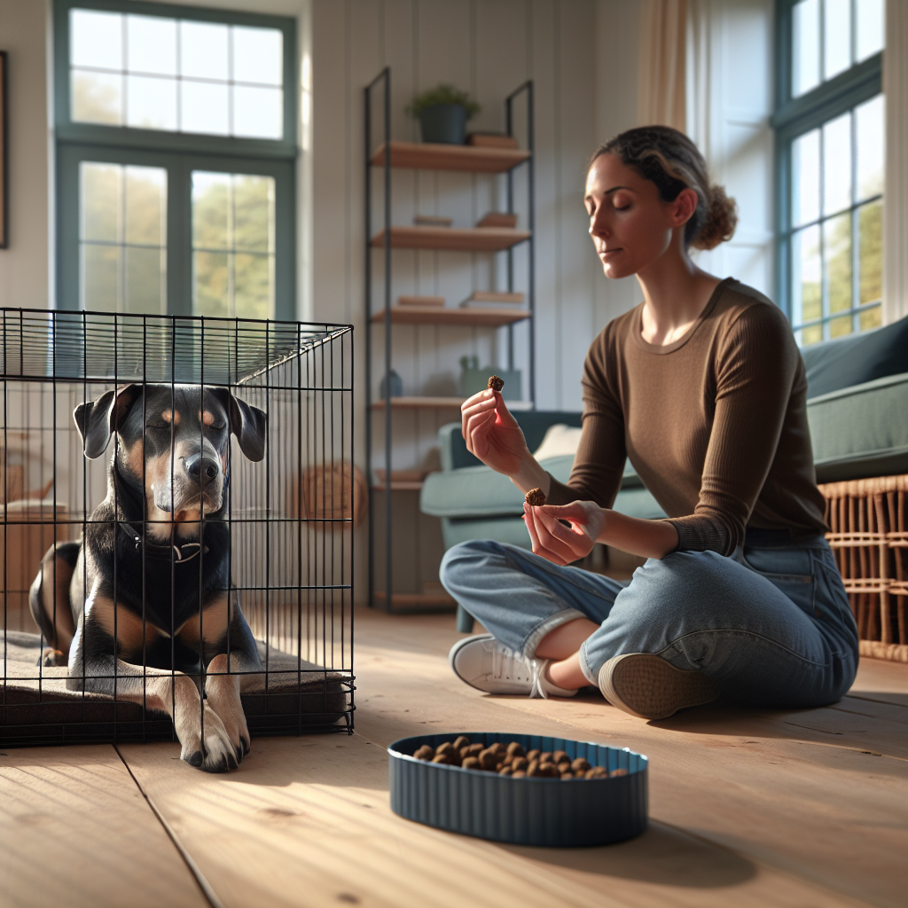 Calm dog relaxing in a crate while a trainer coaches the owner in a modern UK living room