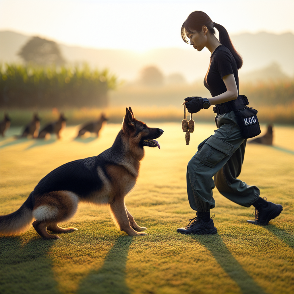 IGP trainer rewarding focused heel with a tug delivered at the left seam in a UK field