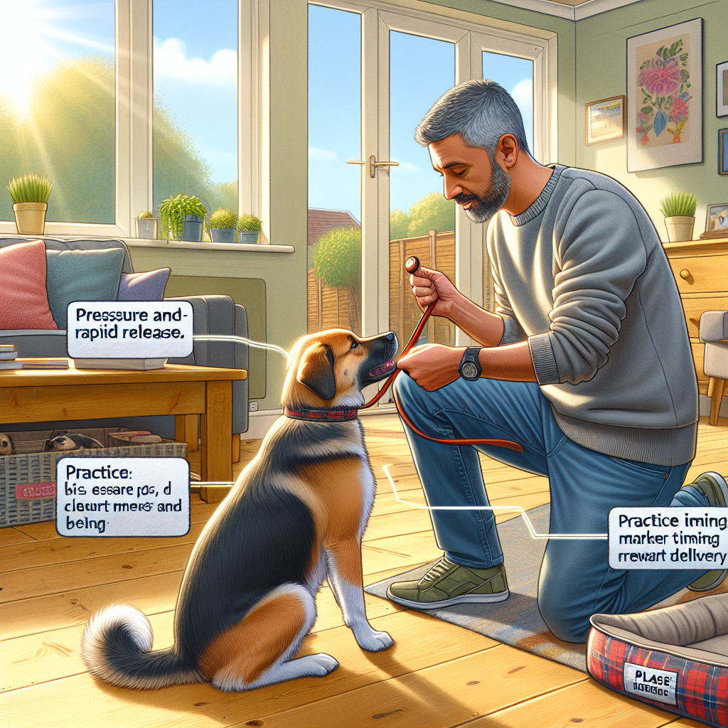 SMDT guiding a family and their dog with low-pressure leash work and rewards in a bright UK living room