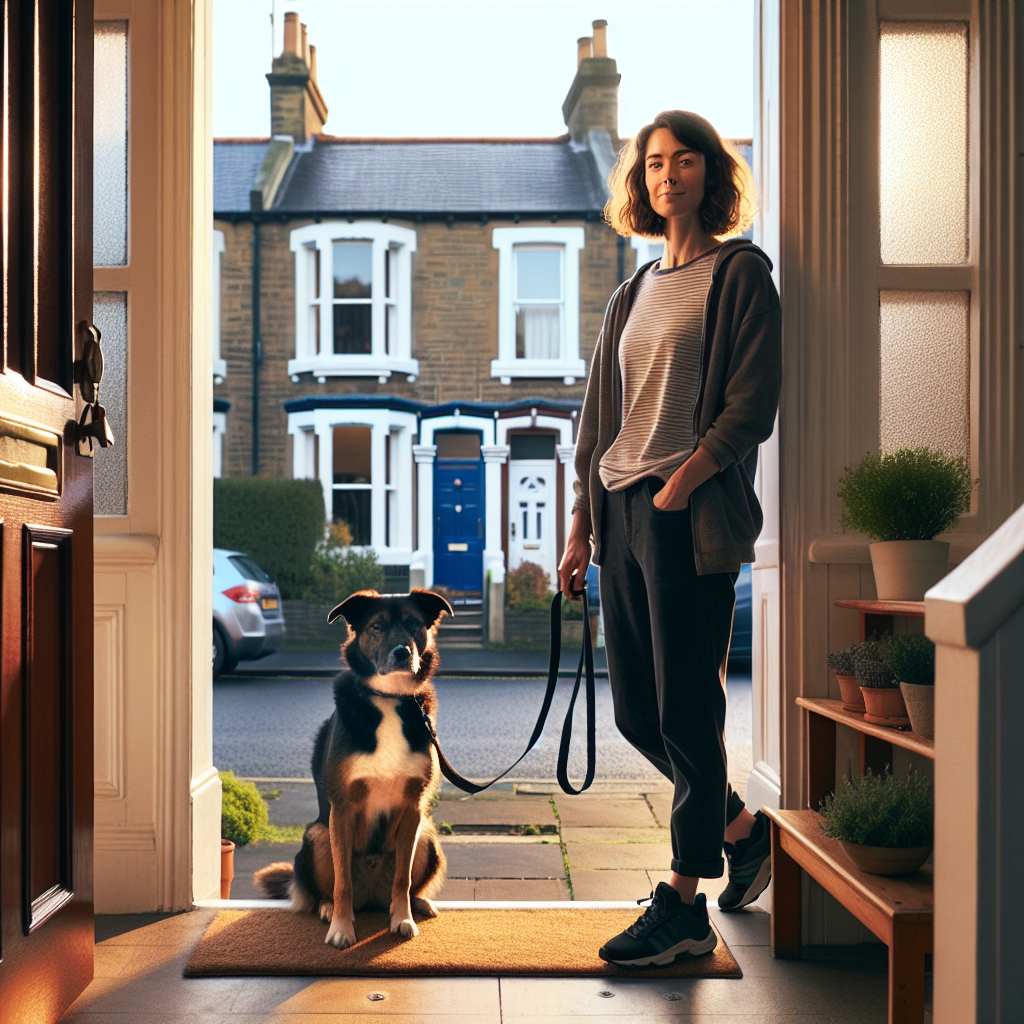 Trainer and owner teaching a dog calm threshold manners at a UK front door before a walk