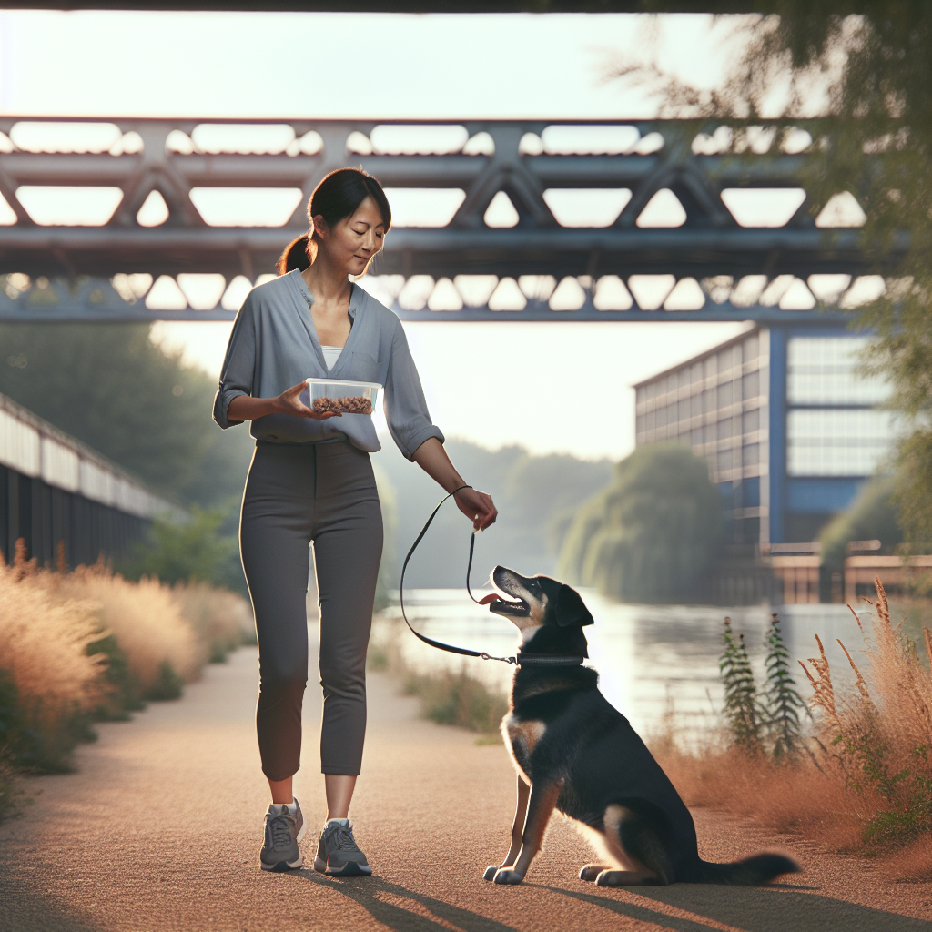 UK dog trainer teaching heel to a mixed-breed dog on a riverside path in Goole