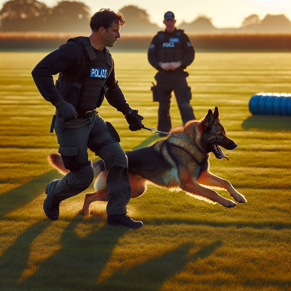 Trainer guiding a working dog into a straight, controlled protection entry on a sleeve at a UK field
