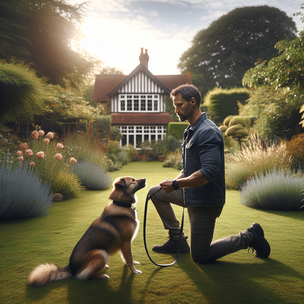 Trainer guiding a dog with gentle leash pressure and calm release in a quiet UK garden