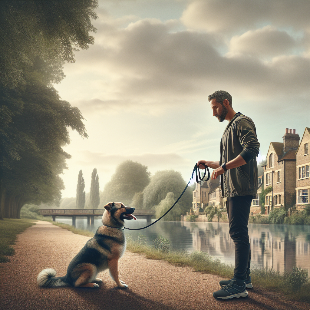 Trainer practising loose-lead walking and recall with a mixed-breed dog near a UK riverside green