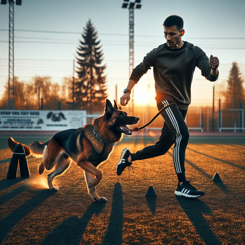 UK trainer demonstrating IGP drive curve mapping with a working dog, showing heel, send, out, and recovery on a sports field at sunset