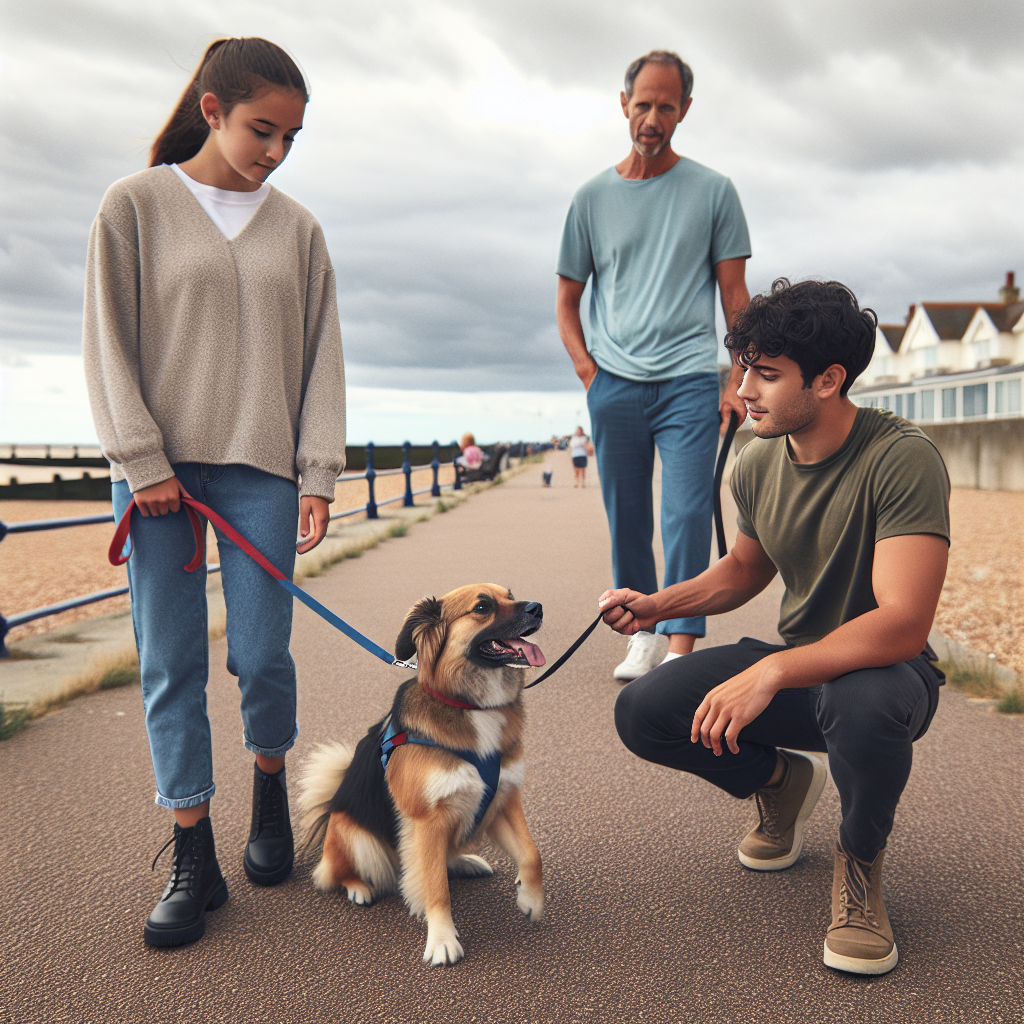 Smart trainer guiding a dog on a loose lead along the Maryport coast