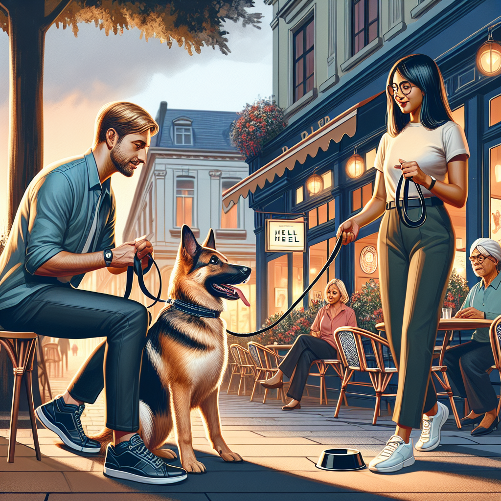 Dog and owner practising heel and place near a café while a Smart trainer guides them on a UK high street