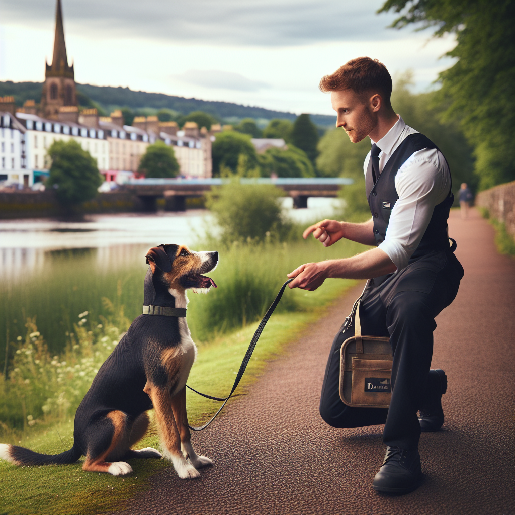 Trainer practising loose lead walking with a focused dog on a quiet riverside path in Dumfries