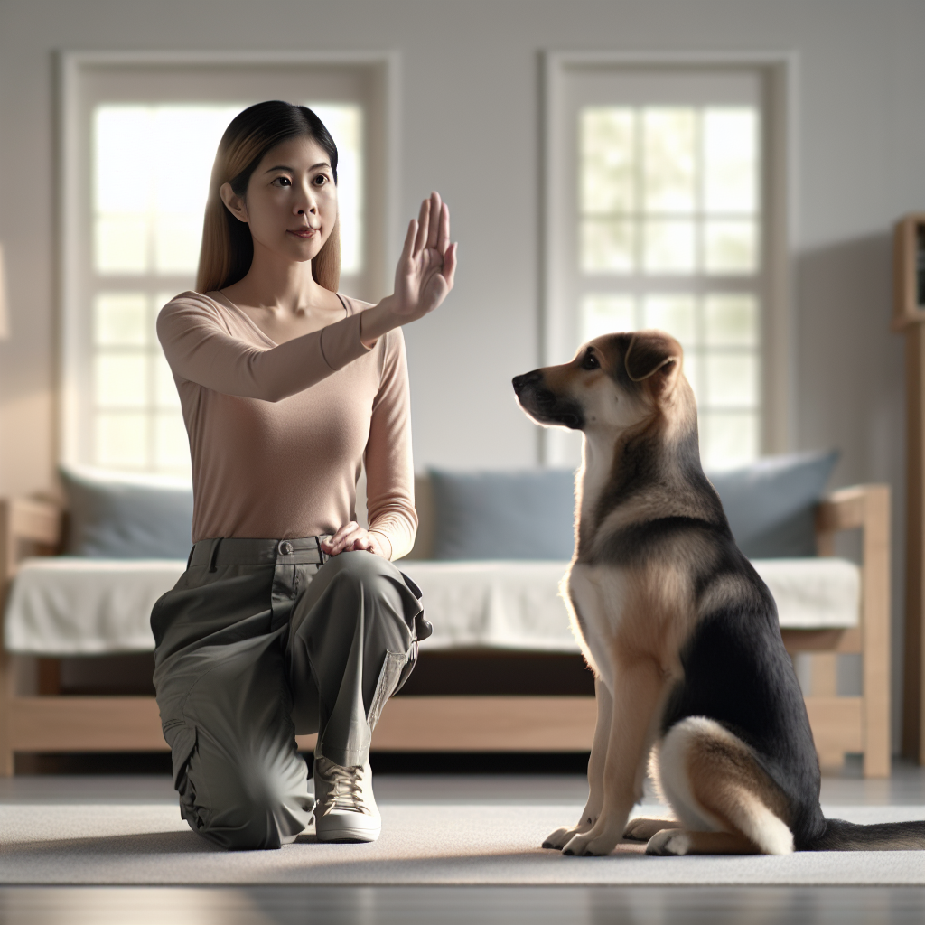 UK dog trainer giving a hand signal and verbal cue to a focused mixed-breed dog in a calm home