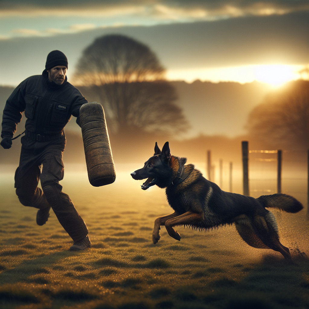 Working dog approaching helper for a clean long attack on a UK training field with calm, controlled mechanics