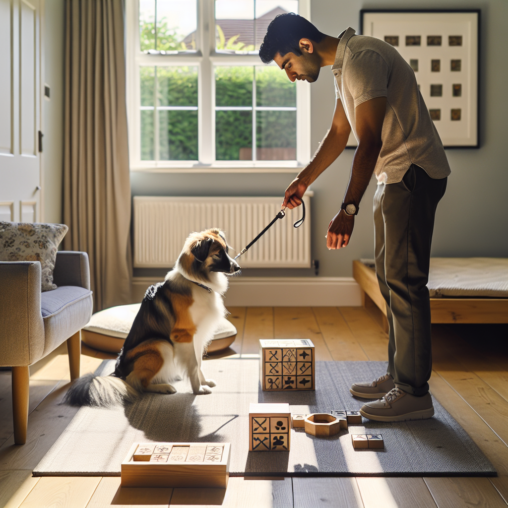 Trainer guiding a mixed breed dog through a calm scent box enrichment session in a UK home