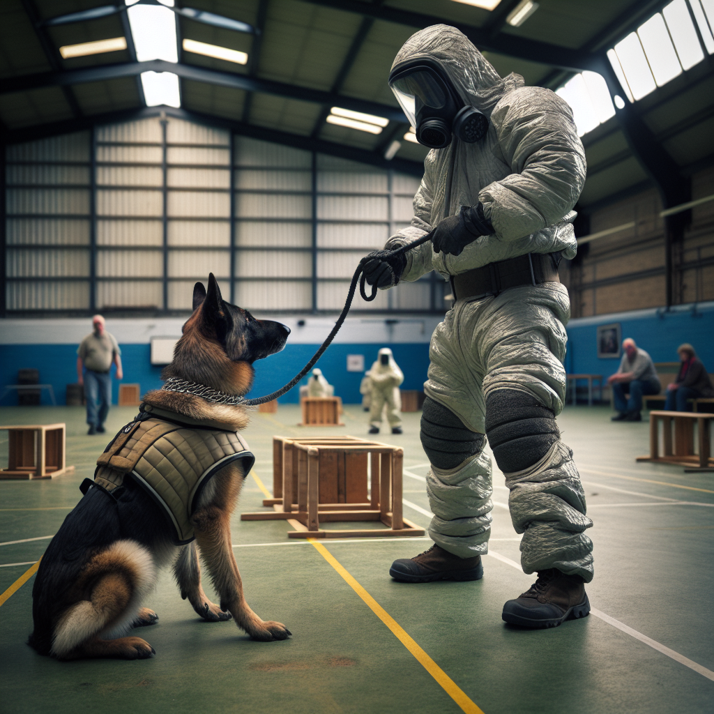 German Shepherd holding a calm silent guard with handler and decoy during protection training in a UK hall