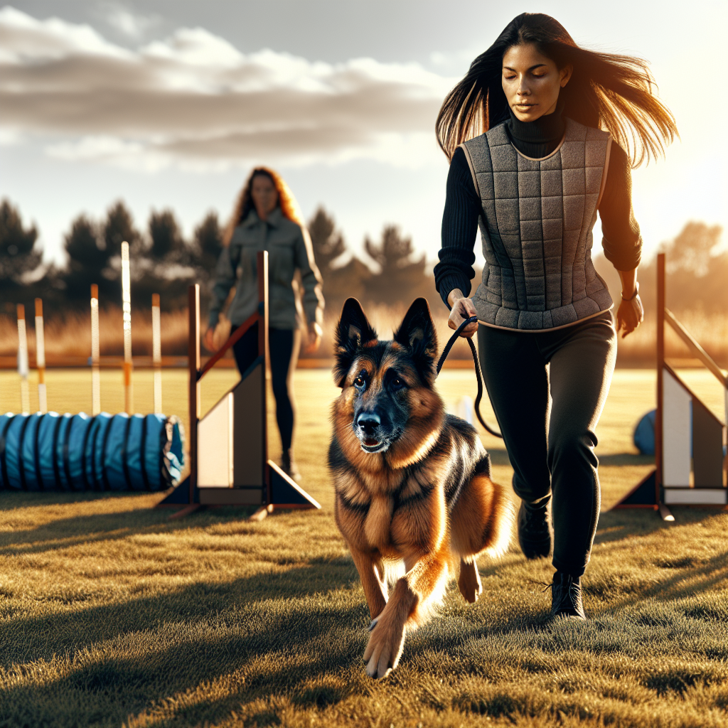 Handler and working dog performing focused IGP heeling on a UK trial field with blinds and jump in view
