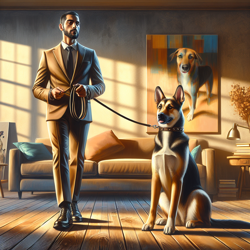 Trainer demonstrating a calm pause with a dog holding a sit-stay before release in a UK home