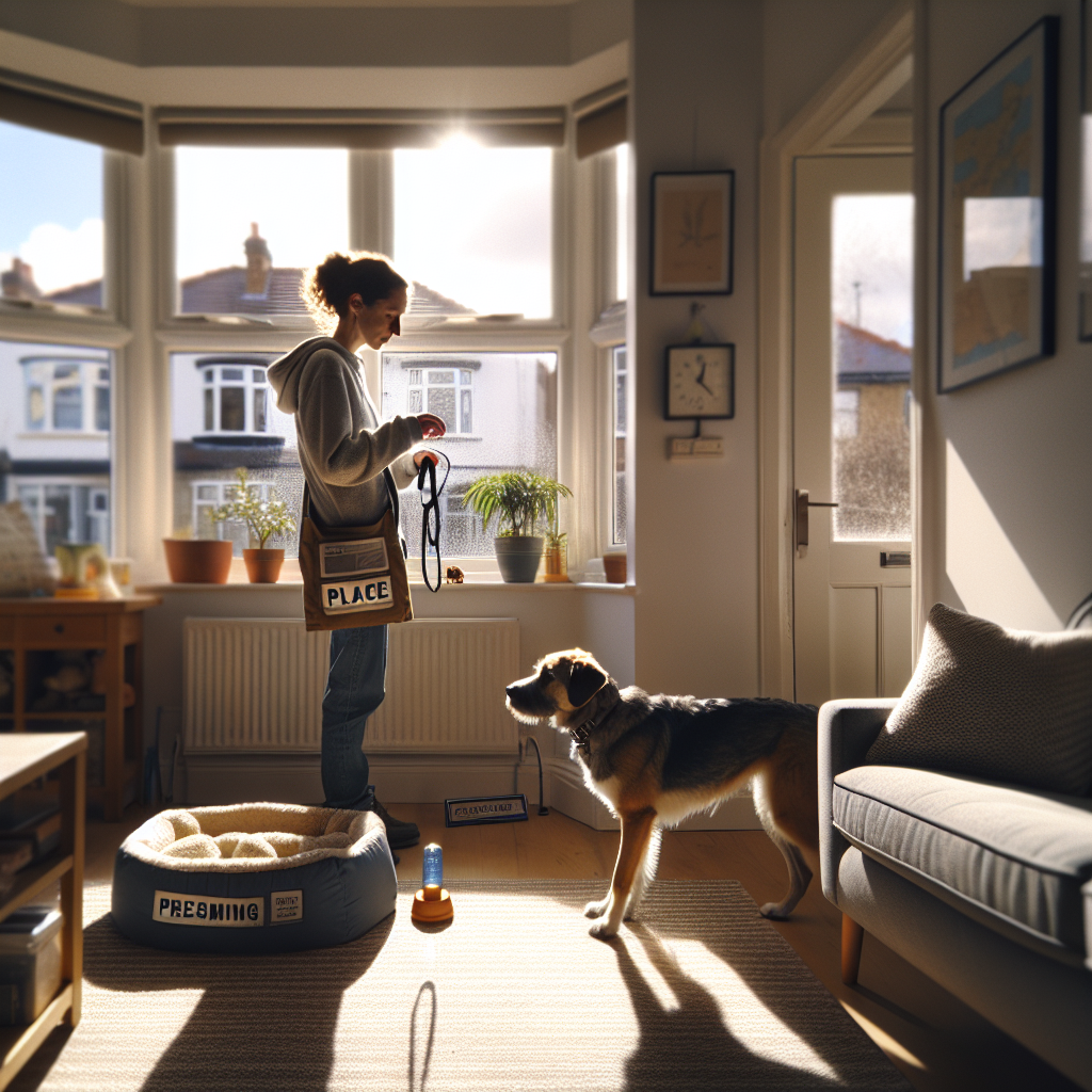 Trainer guiding a dog to a Place bed for quiet practice in a bright UK living room
