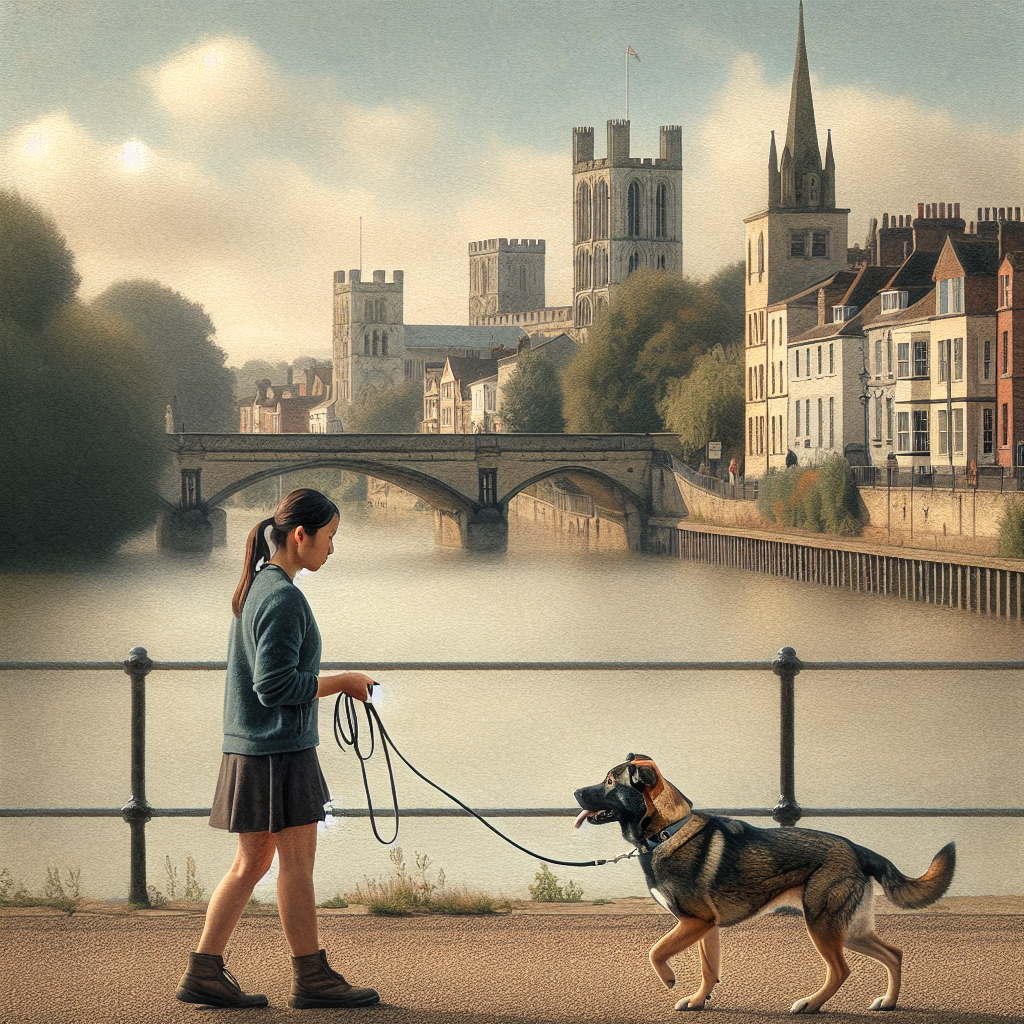 Trainer teaching loose lead walking to a focused dog on a riverside path in Rochester