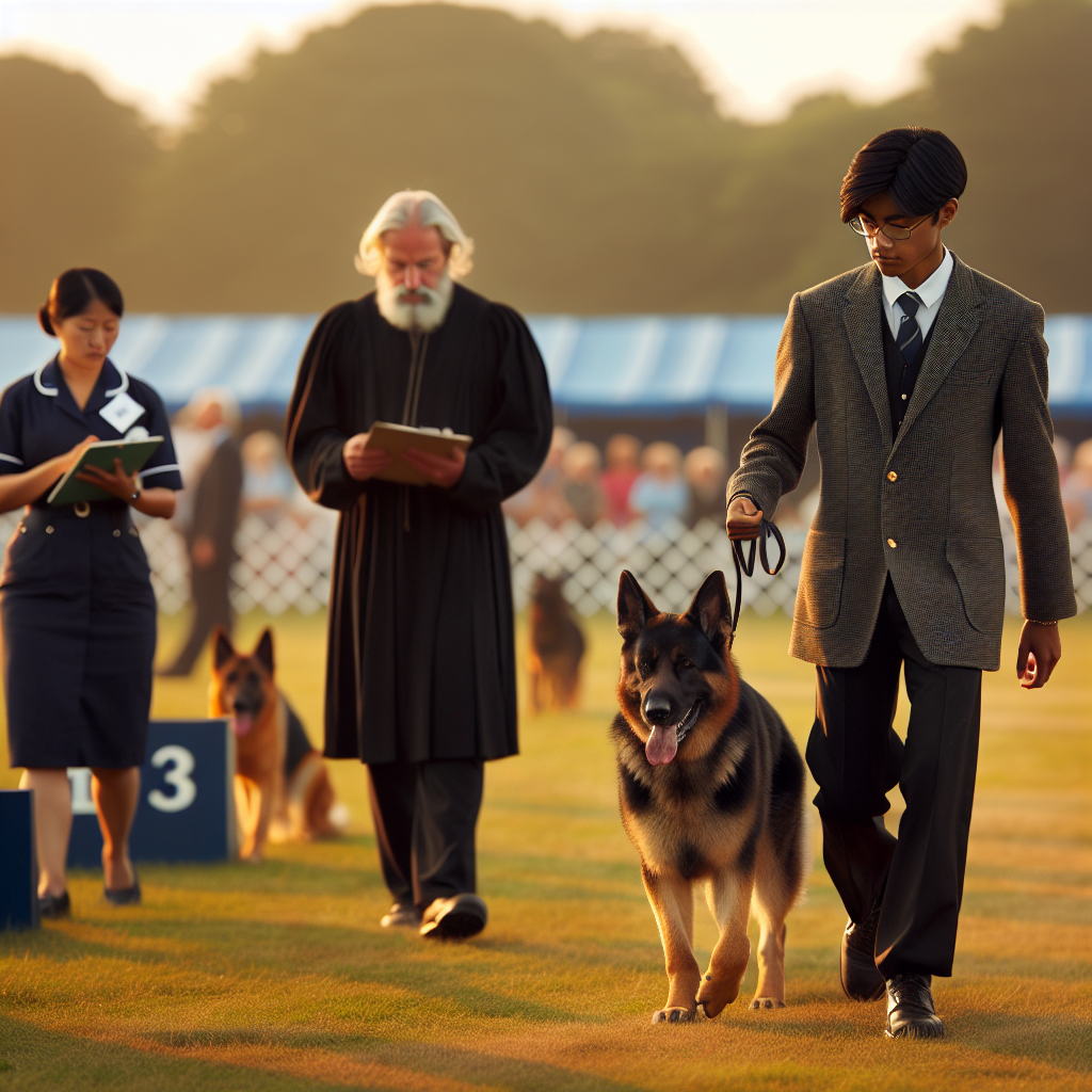 Handler and German Shepherd entering a UK trial field with calm focus and tidy lead handling